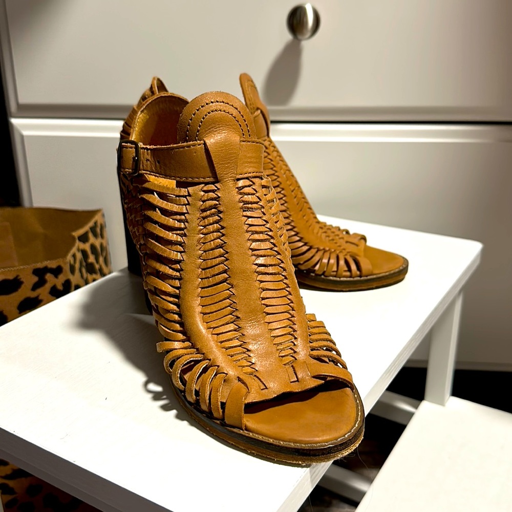 Naughty Monkey. Beige/Tan Huarache style block heels.
